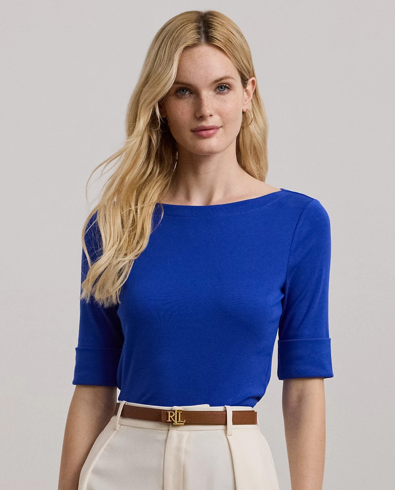 LAUREN BY RALPH LAUREN Синя блузка з вирізом-човником Slim Fit