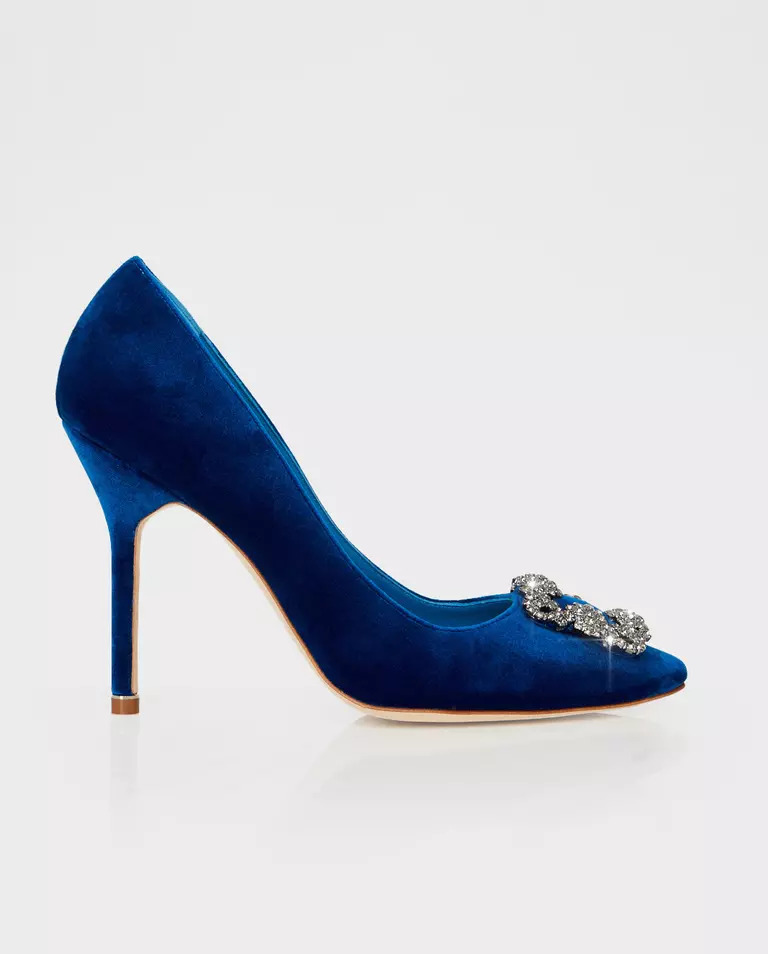 MANOLO BLAHNIK Хангиси синие бархатные шпильки 10,5 см