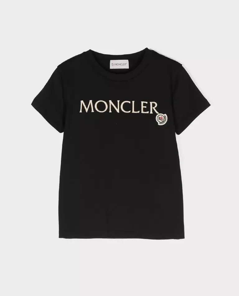 MONCLER KIDS Чорна футболка з вишитим логотипом