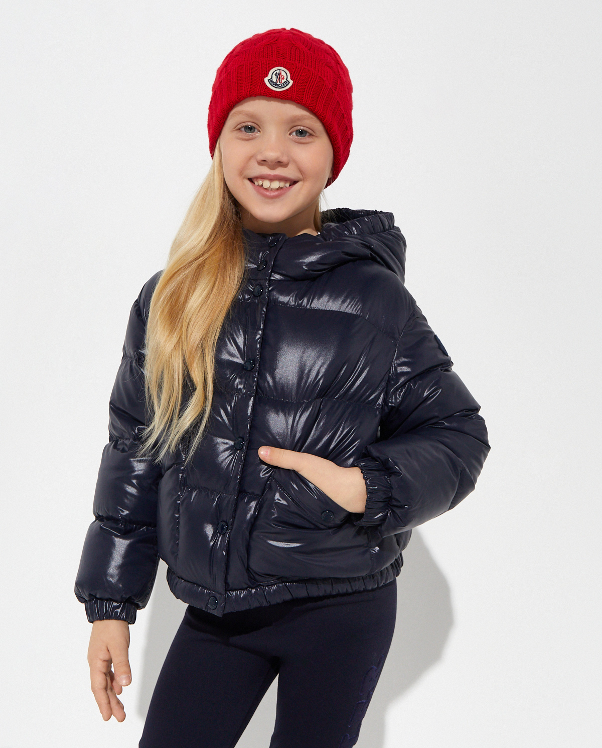 MONCLER KIDS темно-синя стьобана куртка з логотипом 6-14 років