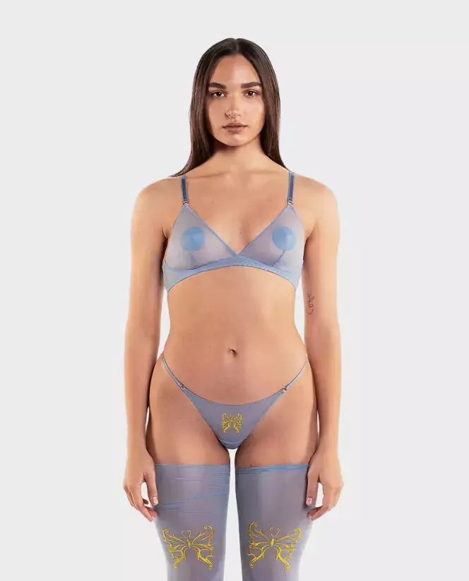 ZHILYOVA LINGERIE Блакитні стрінги з вишивкою метеликів