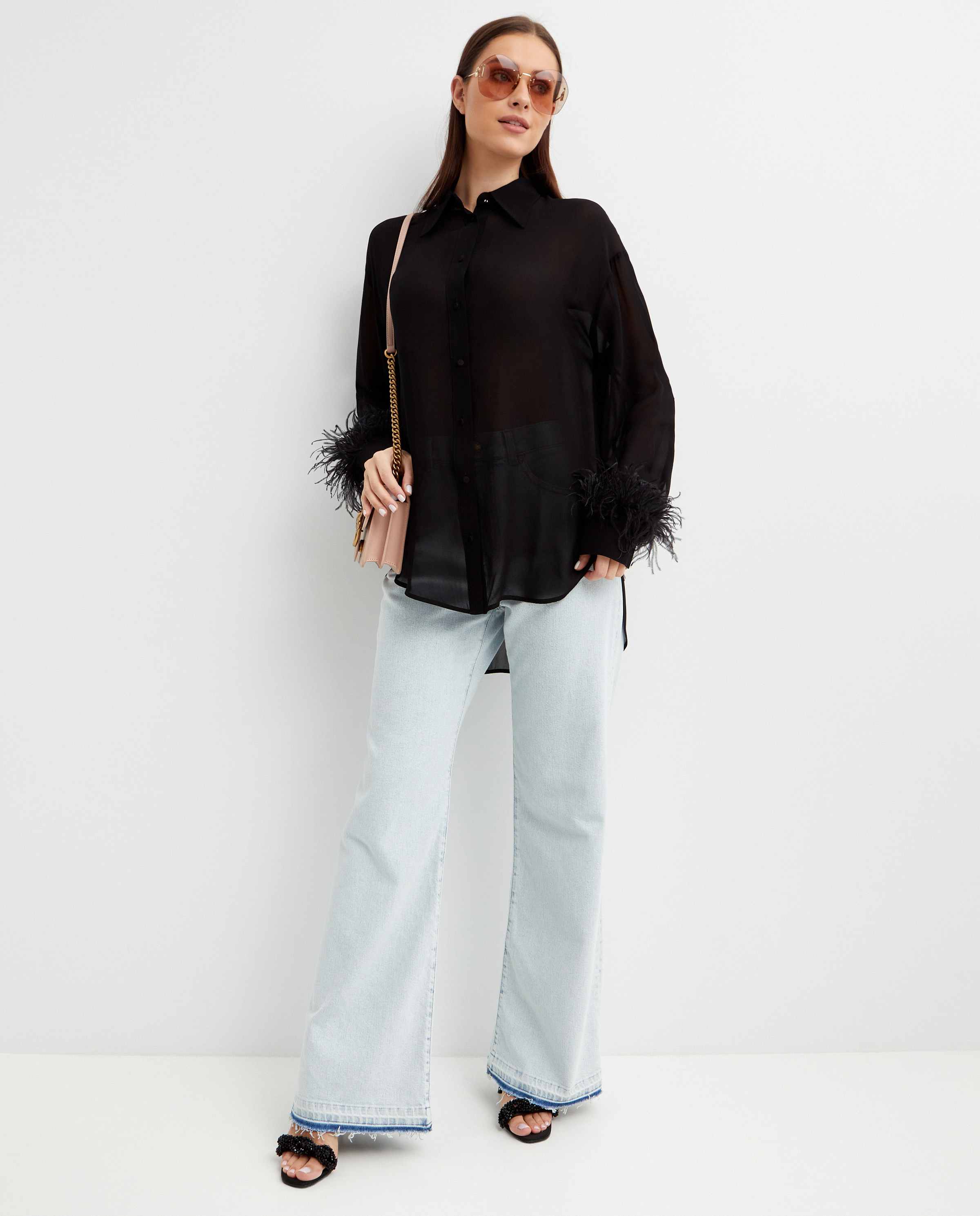 PINKO Черная рубашка oversize с перьями Circe 