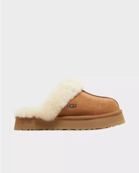 Бежеві шльопанці UGG з хутром та логотипом