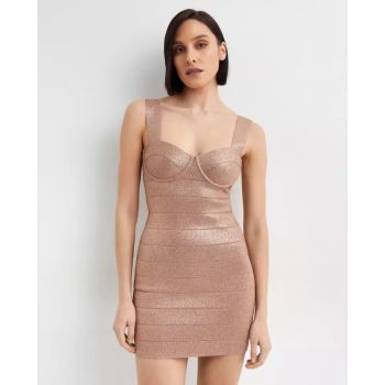 Золотистое мини-платье без бретелек HERVE LEGER 