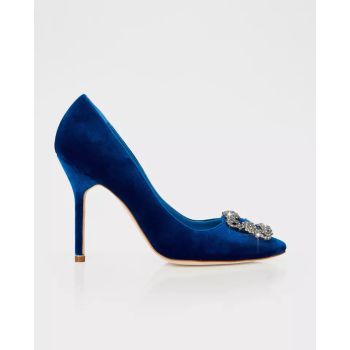 MANOLO BLAHNIK Хангиси синие бархатные шпильки 10,5 см